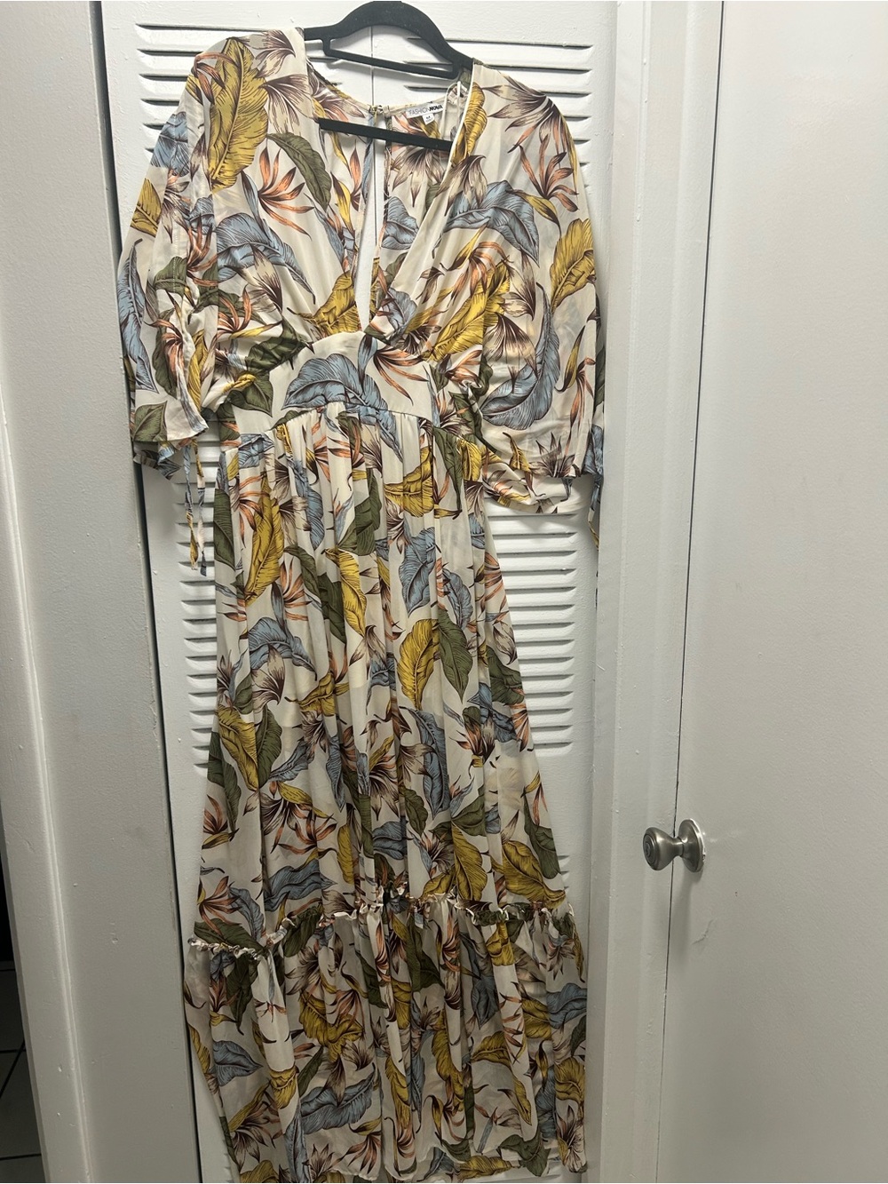 Fashion Nova White Leaf-Print Wrap Maxi Dress with Blue, Yellow & Green Accents